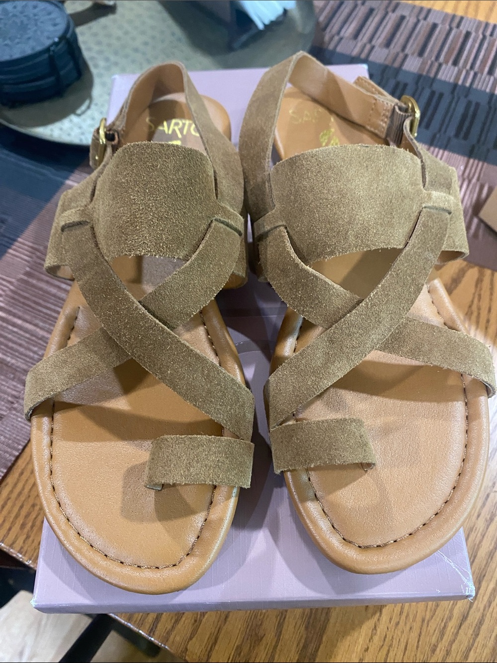 Franco Sarto Women’s Tan Suede Crisscross Sandals